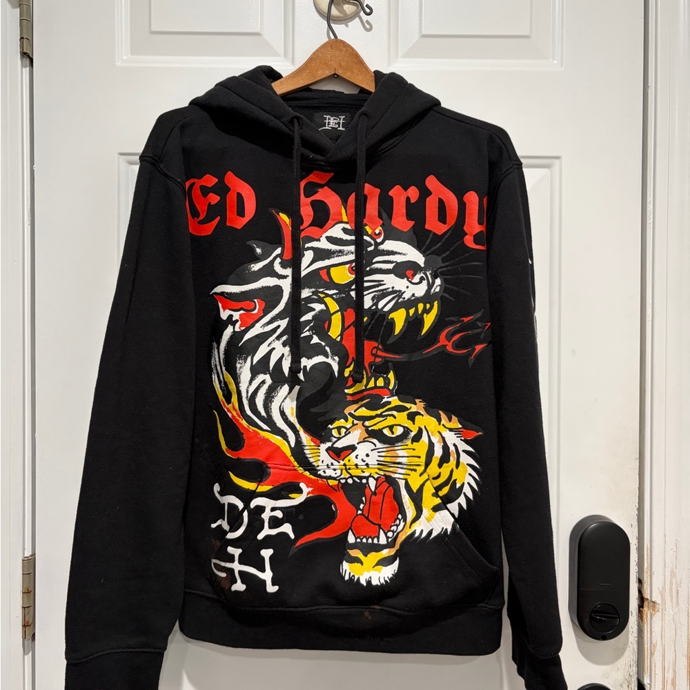 Ed Hardy Black Hoodie with Tiger Graphic, Medium *flaws
